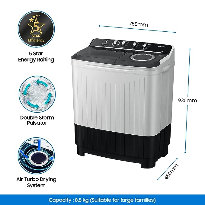 Samsung 8.5 kg, 5 star, Semi-Automatic Washing Machine